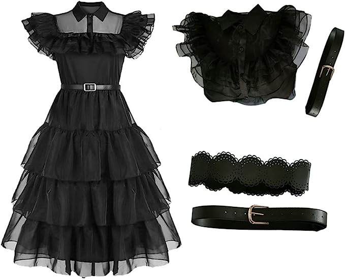 SUKIENKA WEDNESDAY ADDAMS TIULOWA PRZEBRANIE DLA DZIECI HALLOWEEN STRÓJ 120