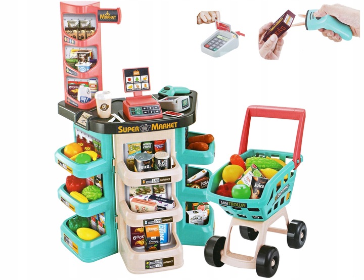 SUPERMARKET SKLEP KASA FISKLANA DLA DZIECI STRAGAN OWOCE KASA KOSZYK MATADI