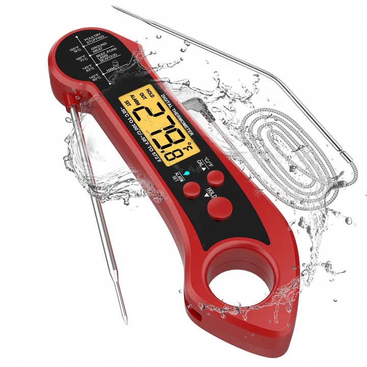 Termometr Kuchenny Skladany -50°C do 300°C 2x Sondy Stal-304 LCD Alarm IPX7