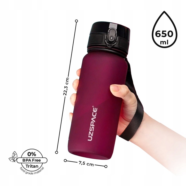 BIDON SPORTOWY 650ML TRITANOWA BUTELKA NA WODĘ Z MIARKĄ BPA FREE BORDOWA