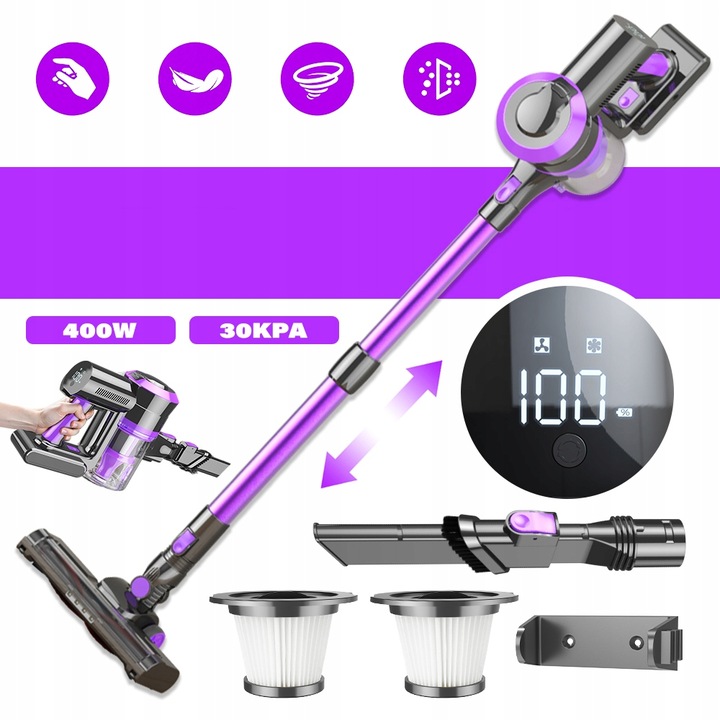 ODKURZACZ AKUMULATOROWY PIONOWY RĘCZNY BEZPRZEWODOWY 400W 4W1 30kPa DO DOMU