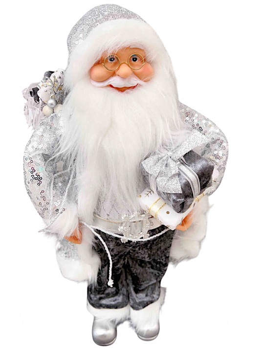 ŚWIĘTY MIKOŁAJ ŚWIĄTECZNY STOJĄCY FIGURKA OZDOBA W SREBRNYM STROJU 45 CM