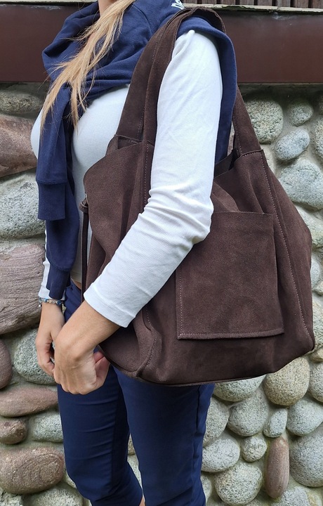 Torebka CZEKOLADOWA zamszowa shopper Vera Pelle SKÓRA ZAMSZ NATURALNY