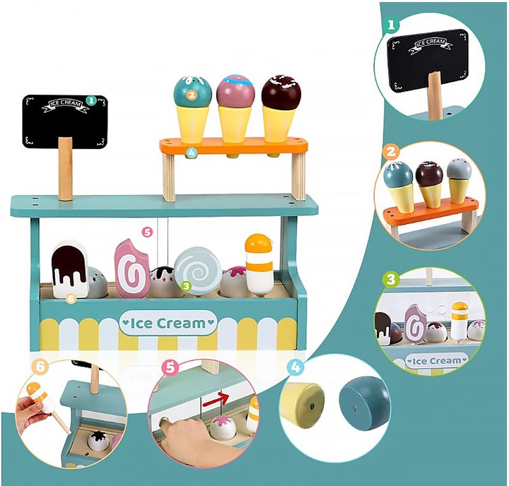 LODZIARNIA DLA DZIECI WITRYNA Z LODAMI STOISKO DREWNIANY SKLEPIK DLA DZIECI