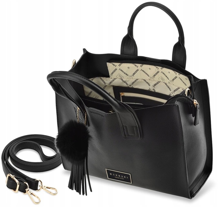 Klasyczna TORBA Torebka MONNARI SHOPPER Duża Czarna Pojemna 3 Komorowa Logo