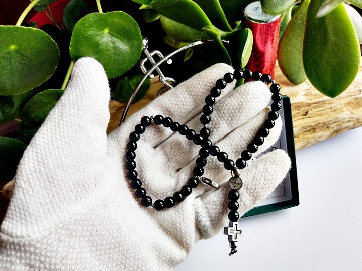 Bransoletka Męska RÓŻANIEC na rękę CAŁY PEŁNY z kamieni ONYKSU św.Benedykt