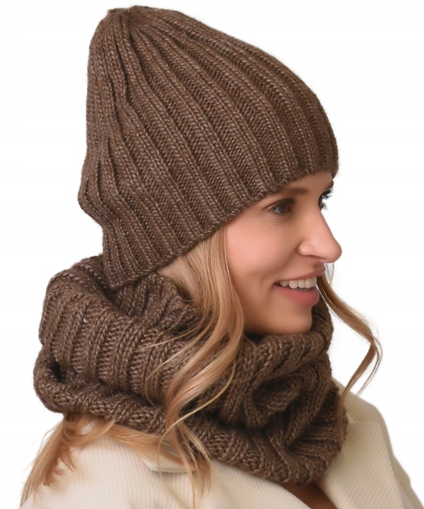 damski Komplet brązowyi zimowy CZAPKA Z KOMINEM ciepły ZESTAW polski Be4