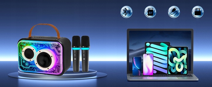 MASZYNA GŁOŚNIK KARAOKE Z 2 MIKROFONY BEZPRZEWODOWE BLUETOOTH LED KOLOROWA