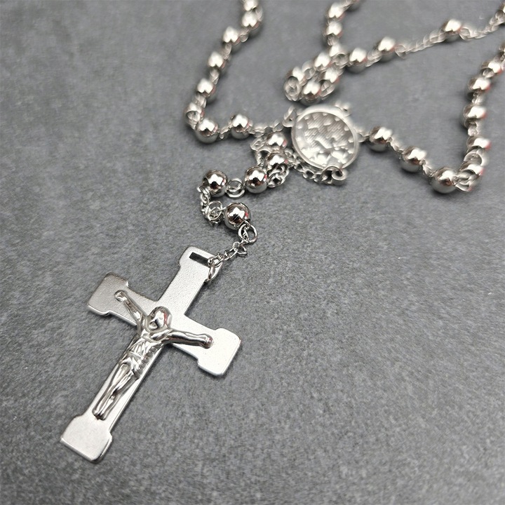 Srebrny Naszyjnik Różaniec z Krzyżem Stal Męski Łańcuszek