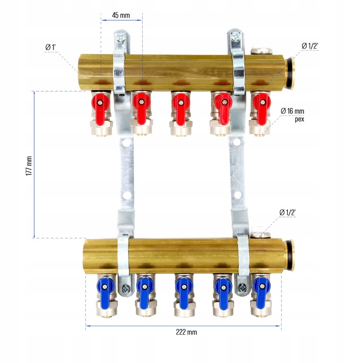 Rozdzielacz C.O. 5 obwodów zaworki PEX odpowietrzniki DO GRZEJNIKÓW