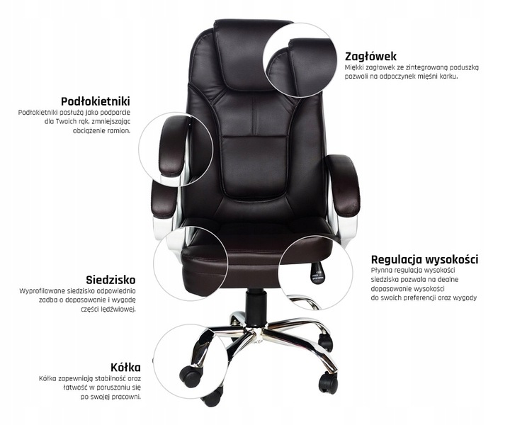 FOTEL BIUROWY OBROTOWY KRZESŁO BIUROWE OBROTOWE ERGONOMICZNY SKÓRZANY BRĄZ