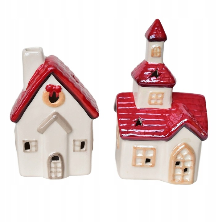 Kościół 16 cm i domek 13 cm ceramiczny z oświetleniem LED, zestaw 2 szt.