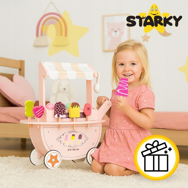 Lodziarnia drewniana dla dzieci zabawka wózek na kółkach lody gałki patyku