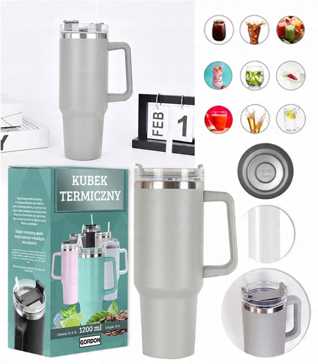 MagiCook KUBEK TERMICZNY 1200 ML ZE SŁOMKĄ STYLE USA Jasna Szarość