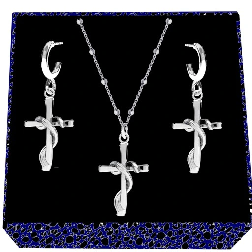 Krzyż krzyżyk opleciony srebrny komplet łańcuszek kulkowy srebro 925
