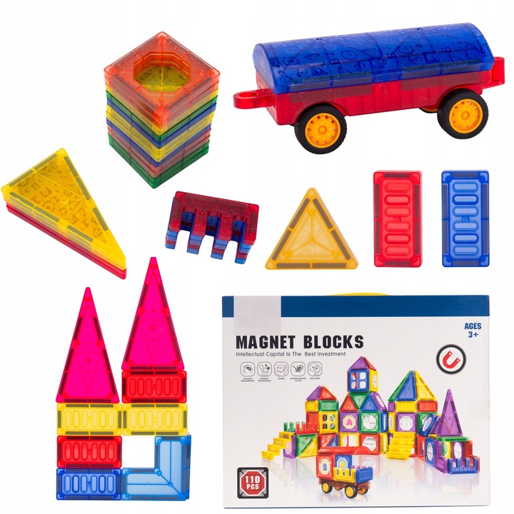 Klocki Magnetyczne 3D Zamek i Pojazdy Duży Zestaw 110 Elementów Edukacyjne