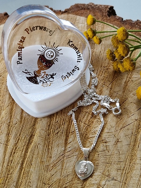 Srebrny Komunijny pr.925 ŁAŃCUSZEK MEDALIK PUDEŁKO, Komplet na Komunię MB