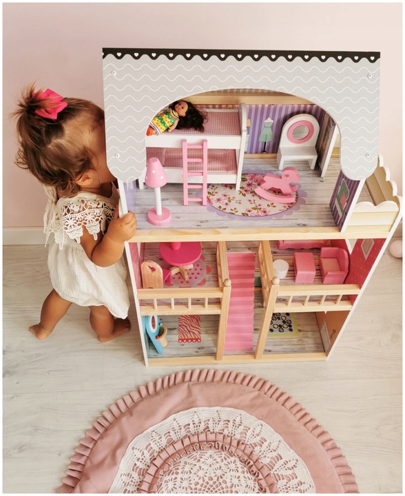 Domek dla Lalek Drewniany Duży Oświetlenie LED Mebelki 3 Poziomy - XL 90cm