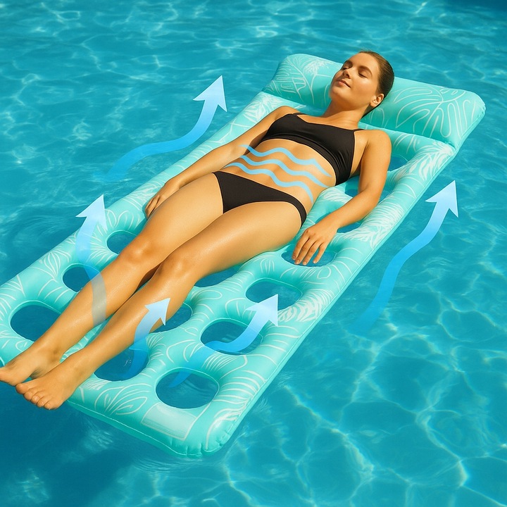 MATERAC DMUCHANY DO PŁYWANIA Z OTWORAMI PODUSZKĄ PLAŻOWY WODNY LEŻAK PLAŻĘ