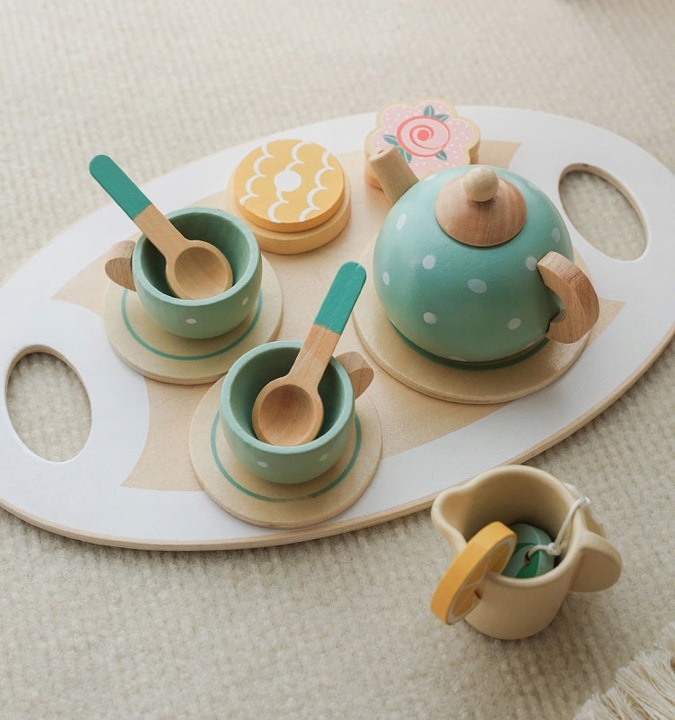 Drewniany Serwis dla Dzieci do Herbaty Kawy Zestaw Kawowy Filiżanki Zastawa