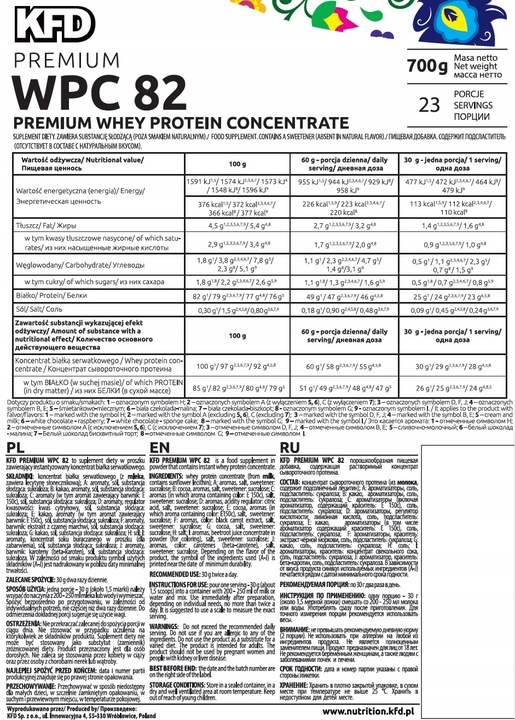 ODŻYWKA BIAŁKOWA KFD WPC PREMIUM PROSZEK 700g SMAK TRUSKAWKOWO-POZIOMKOWY