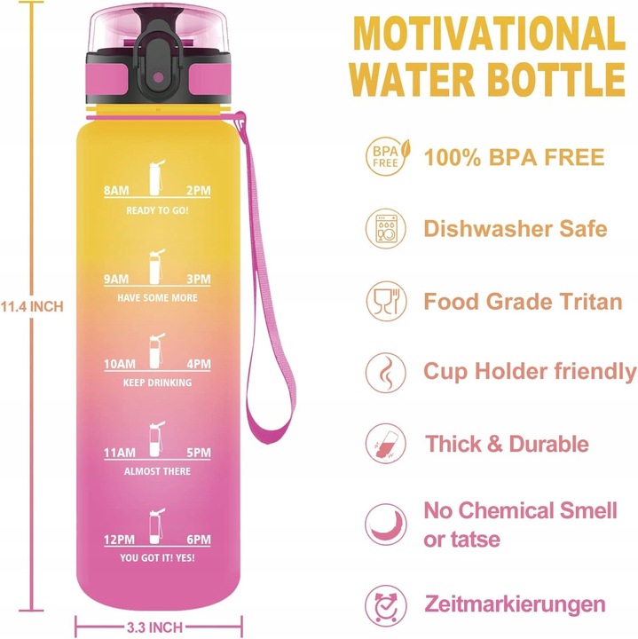 Butelka Bidon na Wodę Miarka Motywacyjna 1L TRITAN 1000ml + sitko na owoce