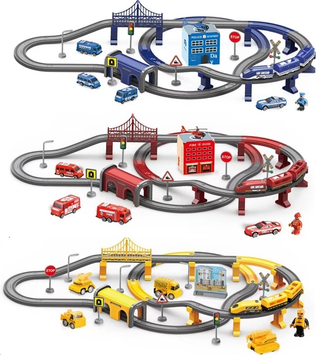 KOLEJKA ELEKTRYCZNA TORY POJAZDY MOSTY DOMKI POCIĄG WAGONY 92 elementów