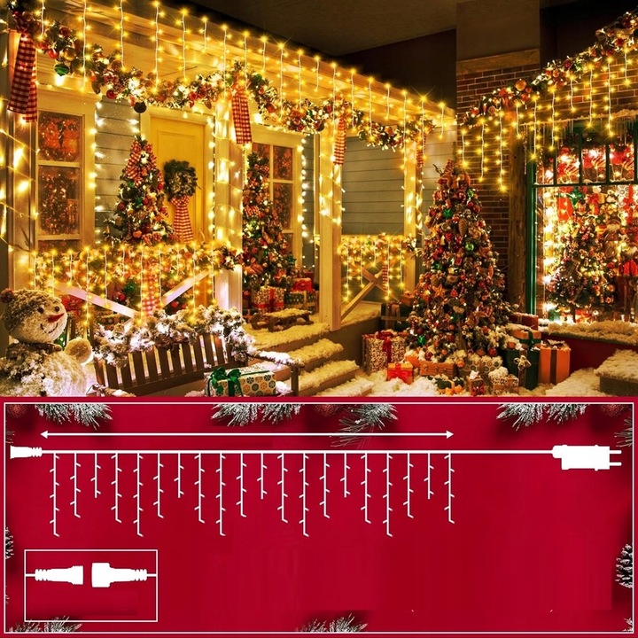 LAMPKI KURTYNA GĘSTE SOPLE CIEPŁO BIAŁE 1000 LED 25 m + FLASH ZIMNO BIAŁY