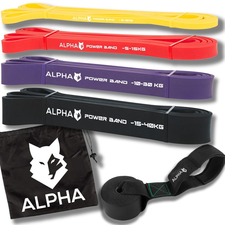 Zestaw 4 Gum Oporowych do Ćwiczeń z Uchwytem Gratis - Power Band ALPHA