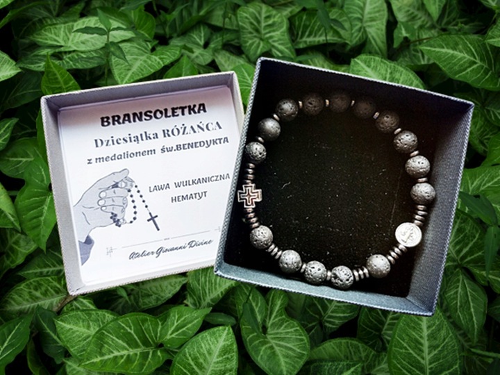 Bransoletka męska RÓŻANIEC na rękę LAWA WULKANICZNA św.Benedykt 174L