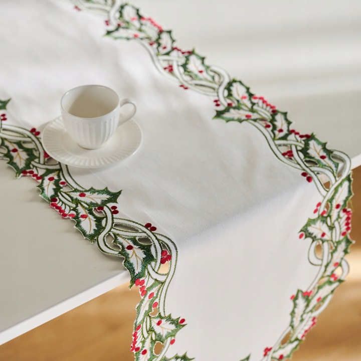 Biały BIEŻNIK ŚWIĄTECZNY haftowany bieżnik NA STÓŁ ŁAWĘ ostrokrzew home&you