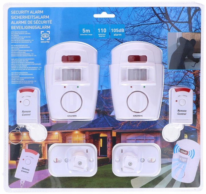 GRUNDIG 2x ALARM BEZPRZEWODOWY CZUJNIK RUCHU 105dB ZESTAW 2 ALARMY