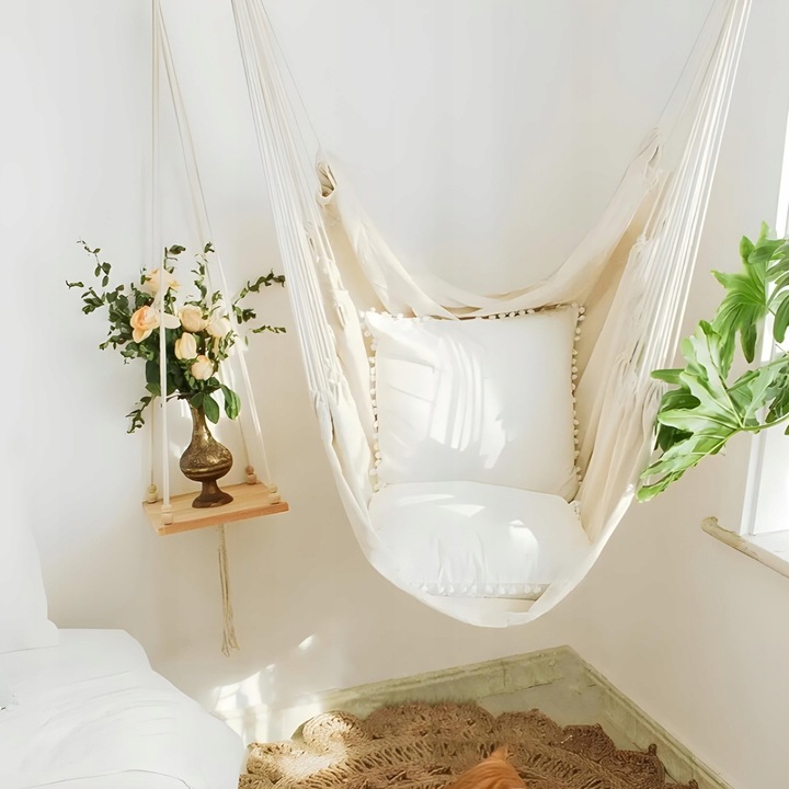 FOTEL WISZĄCY OGRODOWY BUJANY KOKON KRZESŁO BRAZYLIJSKIE HUŚTAWKA BOHO BEŻ