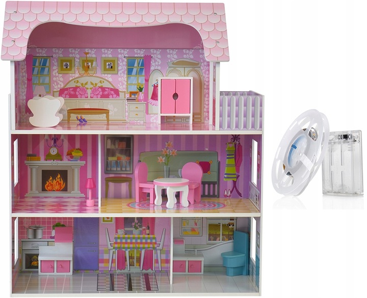 DUŻY DOMEK DLA LALEK DREWNIANY WILLA TARAS + MEBELKI + OŚWIETLENIE LED