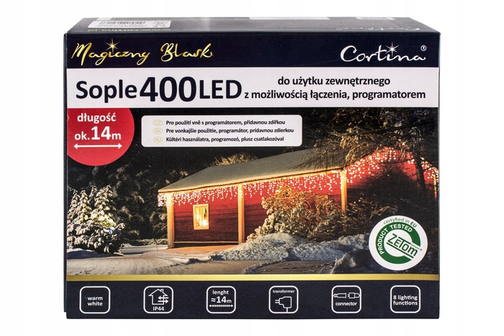 GĘSTA KURTYNA SOPLE 400 LED 14,20m PROGRAMATOR+PAMIĘĆ+GNIAZDO BIAŁY CIEPŁY
