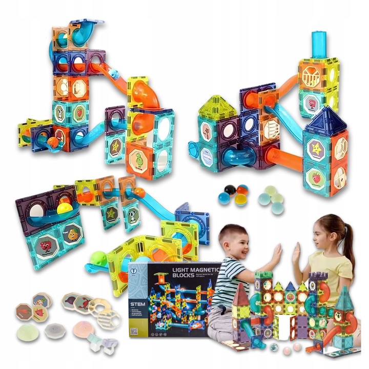 Klocki MAGNETYCZNE KONSTRUKCYJNE Tor kulkowy ŚWIECĄCY 110 el Zestaw dziecko