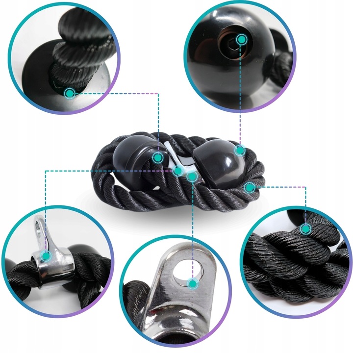 SZNUR UCHWYT DO WYCIĄGU LINA NA TRICEPS MASYWNA I SOLIDNA Z KARABIŃCZYKIEM