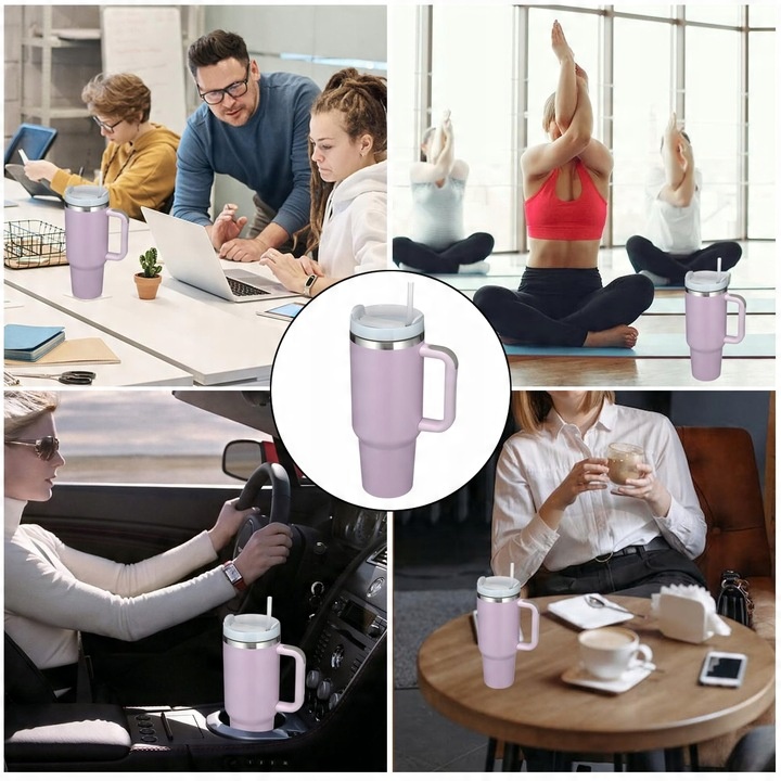 KUBEK TERMICZNY ZE SŁOMKĄ UCHWYTEM NA KAWĘ HERBATĘ SZCZELNY POJEMNY 1200ML