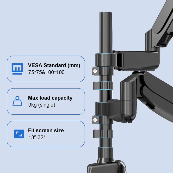 Podstawa obrotowa ze sprężyną gazową dla dwóch monitorów LCD 13-32 cale 9kg