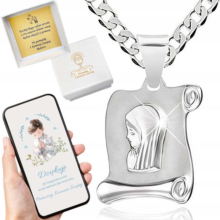Medalik Matka Boska i łańcuszek srebrny 45 cm Komunia Chrzest dla dziecka