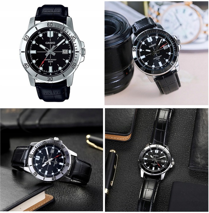 ZEGAREK MĘSKI CASIO MTP-VD01 skórzany datownik czarny + BOX +GRAWER
