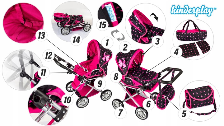 WÓZEK DLA LALEK GŁĘBOKI SPACERÓWKA GONDOLA 3w1 KINDERPLAY TORBA POŚCIEL