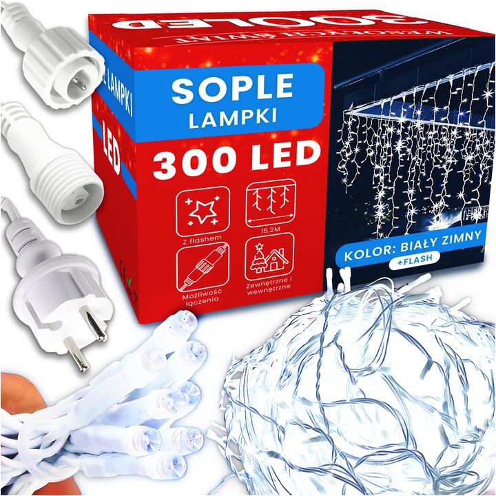 Lampki LED SOPLE ZEWNĘTRZNE flash KURTYNA ŚWIETLNA BIAŁE ZIMNE Biały 300Led