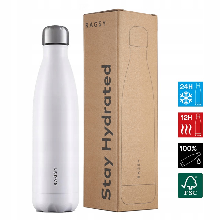 RAGSY Butelka Termiczna 750ml BPA FREE 12/24H - White/Biała