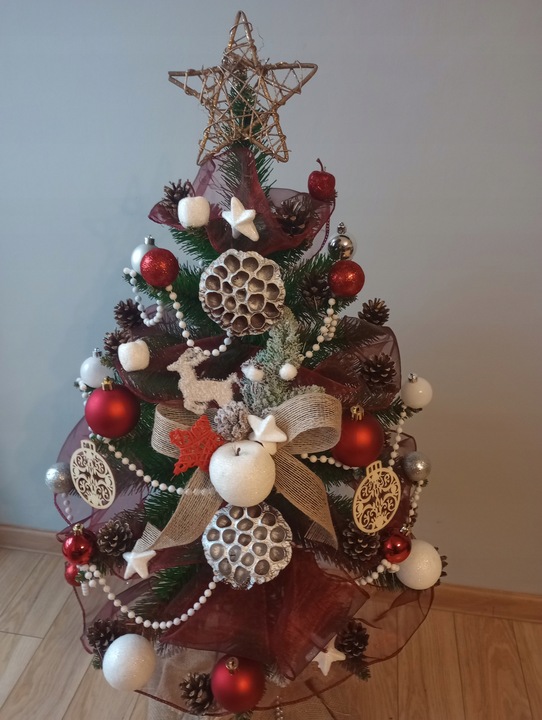 Choinka NA PNIU ubrana Z DEKORACJĄ ozdobami ubrana 100 cm z lampkami LED