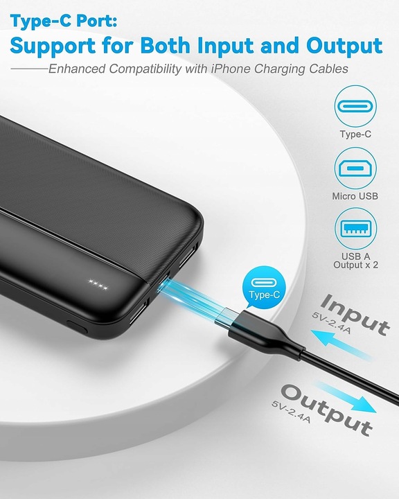 Power Bank 10000 mAh USB-C, MICRO USB, 2 x USB