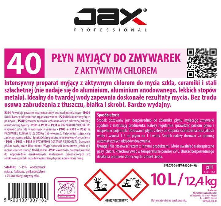 Płyn myjący do zmywarek z aktywnym chlorem 10L Jax