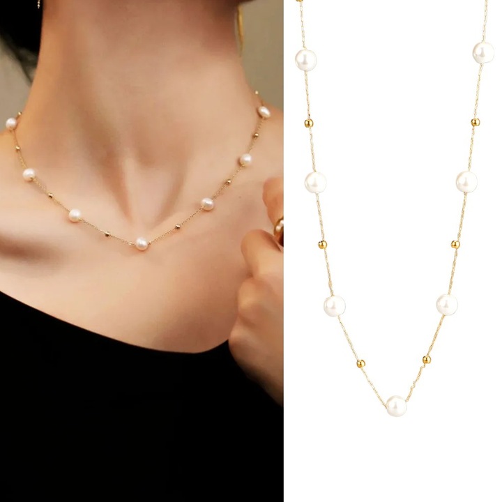 Naszyjnik Kolor Złoty Stal Nierdzewna Perły Perełki Klasyczny Elegancki