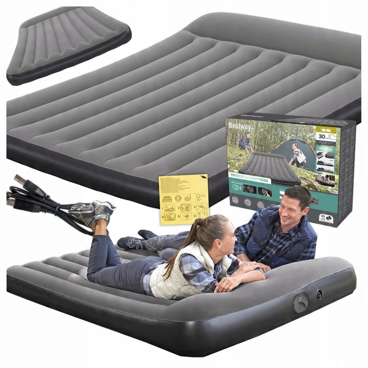 MATERAC DMUCHANY Z POMPKĄ USB ŁÓŻKO DO SPANIA 203 x 152 CM BESTWAY 671BS