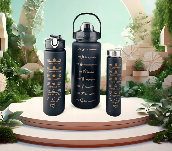 MOTYWACYJNA BUTELKA Z MIARKĄ DO WODY ZESTAW 3 BIDONY 3W1 2000ML 900ML 300ML